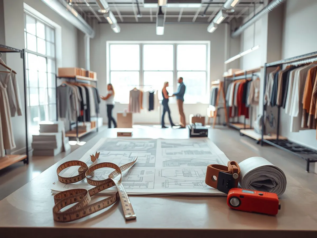门店装修现场，设计图纸与施工工具陈列