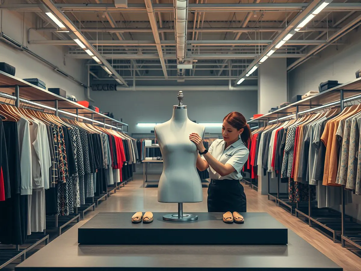 温妮女装门店内景，货品陈列整齐，工作人员调整模特展示